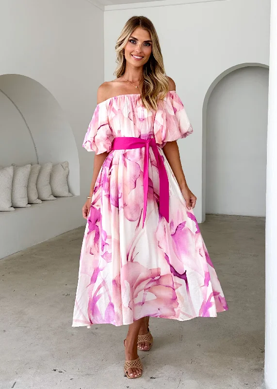 Midi dresses with metallic threads for a glamorous evening event Reece Off Shoulder Midi Dress - Fuchsia Flame