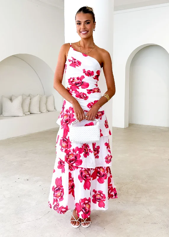 Midi dresses with one - shoulder designs for a modern and asymmetric style Aspra One Shoulder Midi Dress - Red Floral