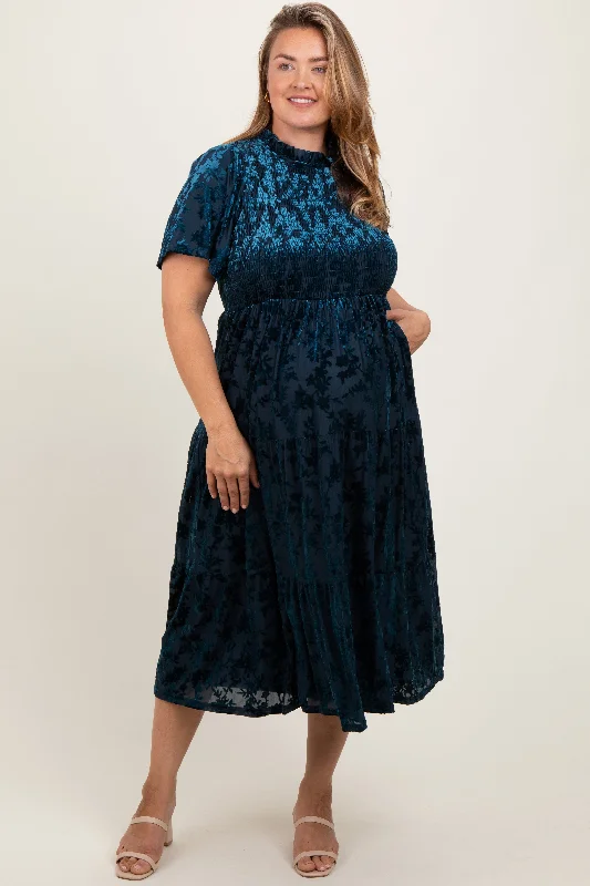 Maternity dress for baby shower with floral pattern Navy Floral Velvet Print Smocked Maternity Plus Midi Dress