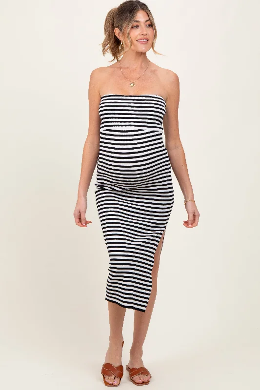 Maternity dress for a mountain getaway Black/White Striped Strapless Fitted Maternity Maxi Dress