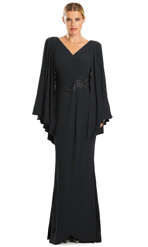 Sheath satin wedding dresses for a sleek appearance​ Midi wedding guest dresses in navy blue for a formal affair Alexander by Daymor 1854F23 - Pleated Cape Sleeve Column Long Dress
