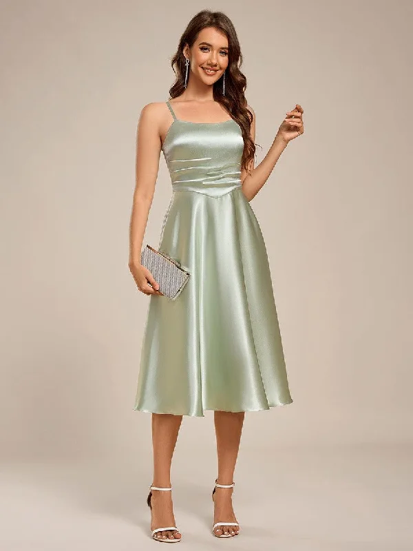 Lace - covered wedding dresses with a scalloped hem​ Wedding guest dresses with fringe accents for a bohemian - inspired wedding ever SHILOH|Spaghetti Strap Pleated A-Line Midi Satin Wedding Guest Dress