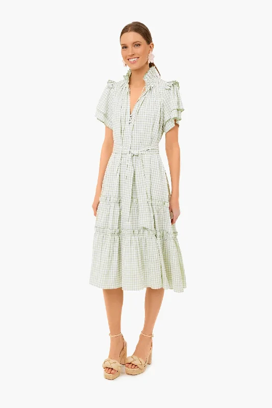 Midi dresses with pom - pom trims for a playful and festive look Pale Green Check Matthews Dress