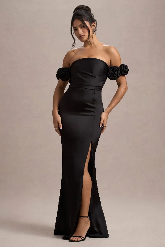 Square - neck wedding dresses with a demure look Plaid wedding guest dresses in muted colors for a fall wedding Senseless | Black Satin Floral Bardot Maxi Dress Square - neck wedding dresses with a demure look Plaid wedding guest dresses in muted colors for a fall wedding Senseless | Black Satin Floral Bardot Maxi Dress