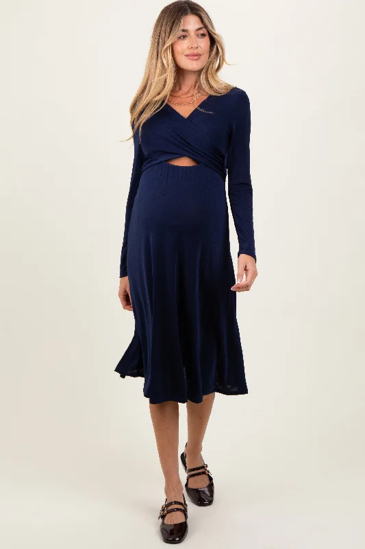 Maternity dress for a baby's first visit to the circus Navy Crossover V-Neckline Long Sleeve Maternity Nursing Dress