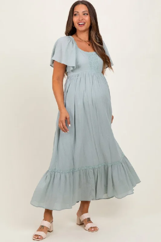 Maternity dress for a baby's first plane ride Sage Lace Square Neck Maternity Maxi Dress