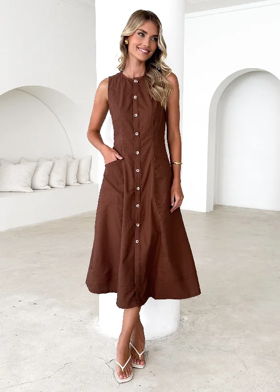 Midi dresses with pleated skirts for a timeless and elegant appeal Drifter Midi Dress - Chocolate
