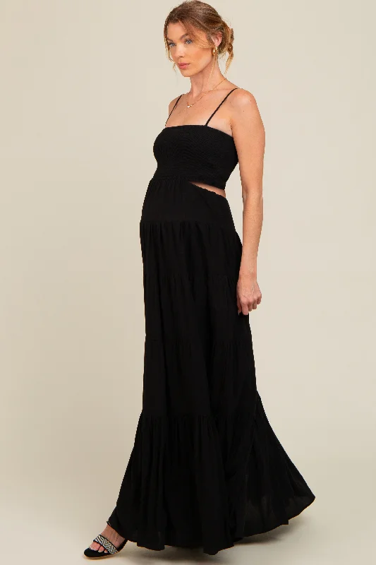 Short sleeve maternity sundress for summer Black Smocked Cutout Maternity Maxi Dress