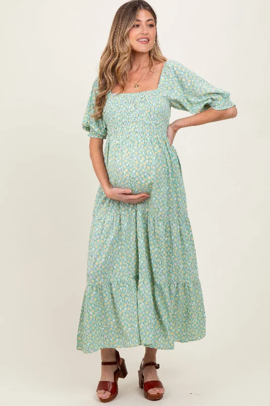 Maternity dress for a baby's first visit to the botanic garden Mint Floral Smocked Tiered Maternity Maxi Dress