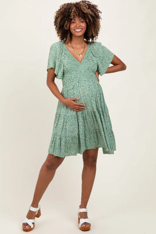 Maternity dress for a baby's first visit to the art gallery Light Olive Floral Smocked V-Neck Maternity Mini Dress