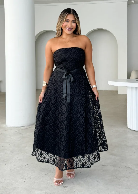 Midi dresses with fringe details for a fun and energetic style Maddy Strapless Midi Dress - Black