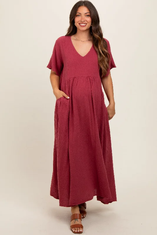 Maternity wrap dress with adjustable belt Red Gauze Short Sleeve Maternity Midi Dress