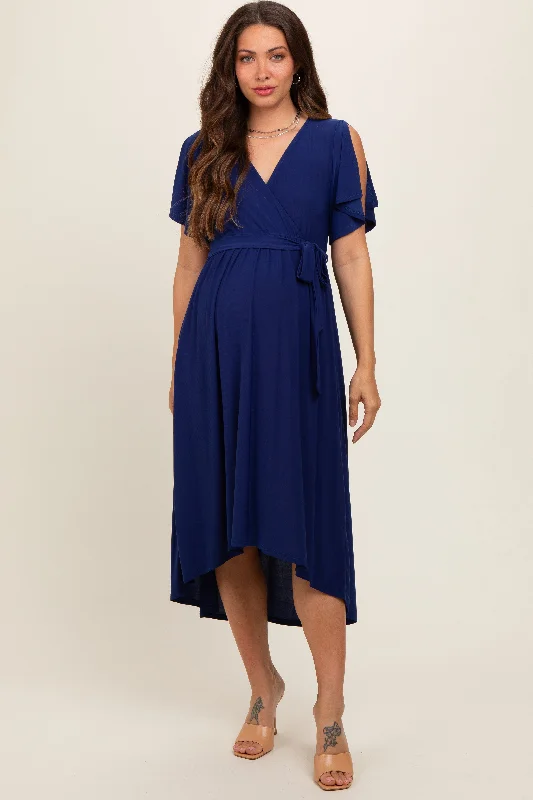 Maternity dress for a city sightseeing trip Navy Blue Flutter Sleeve Waist Tie Maternity Nursing Dress