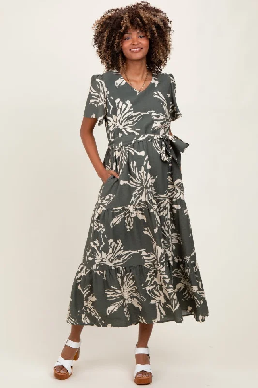 Maternity dress for a baby's first visit to the rose garden Olive Floral V-Neck Waist Tie Maternity Midi Dress