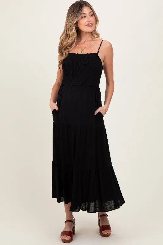 Maternity dress for a baby's first visit to the science center Black Smocked Bead Detail Strap Maternity Midi Dress