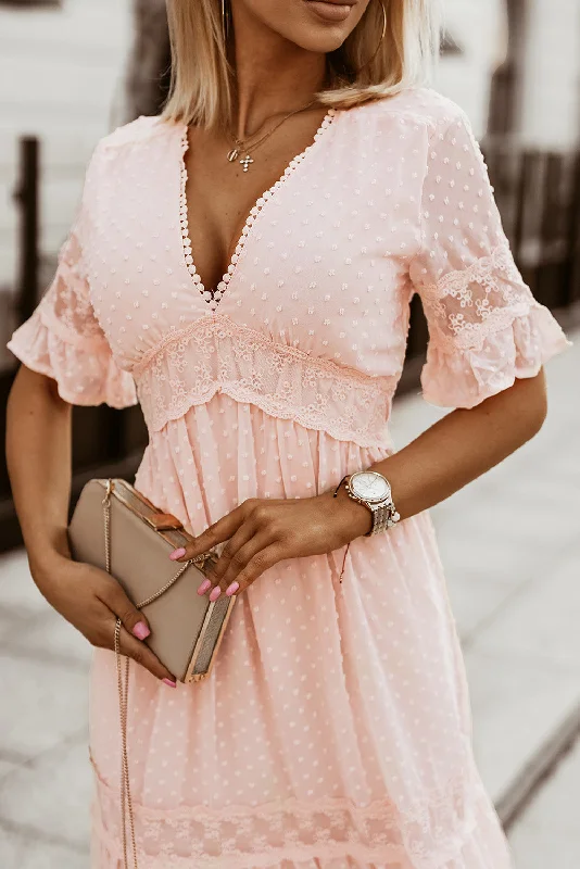A - line midi dresses with floral prints for spring brunches Swiss Dot Lace Trim Maxi Dress