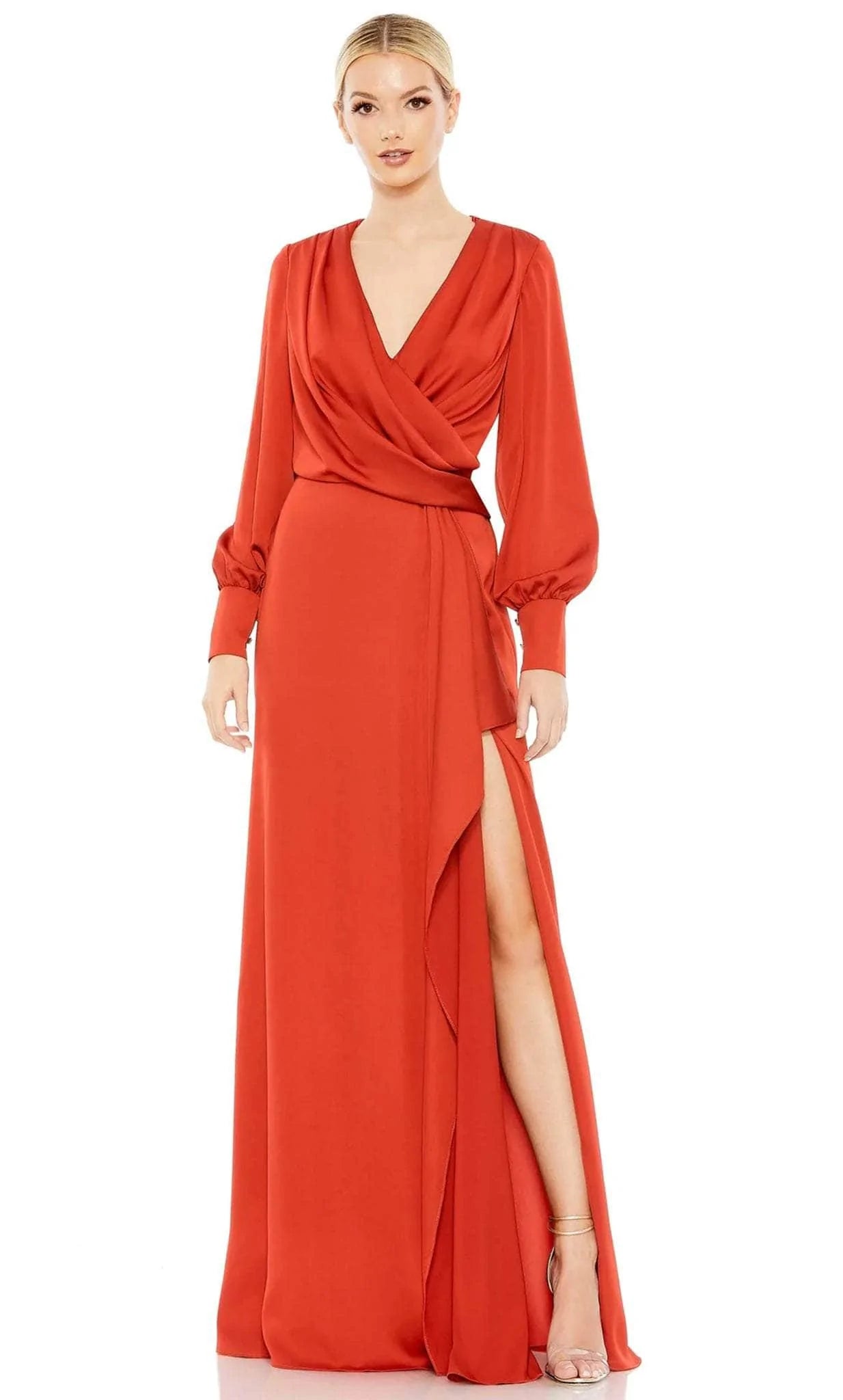 Square - neck wedding dresses with a demure look​ Plaid wedding guest dresses in muted colors for a fall wedding Ieena Duggal 26895 - V-Neck Bishop Sleeve Mother of the Groom Gown