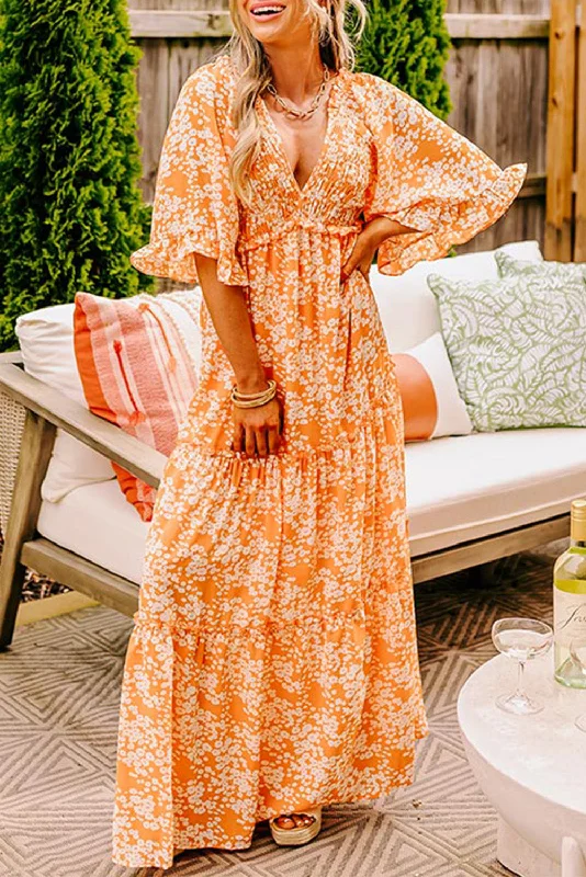 Midi dresses with ruffled hems for a romantic date night Floral Wide Sleeve Maxi Dress