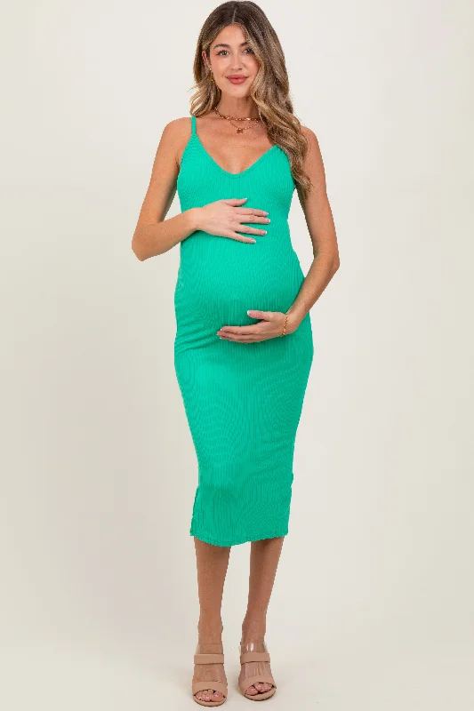 Maternity dress for a baby's first visit to the formal garden Green Ribbed Cami Maternity Midi Dress