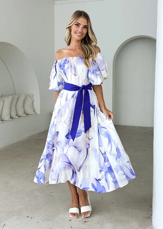 Midi dresses with abstract art prints for an artistic statement Reece Off Shoulder Midi Dress - Lapis Flame