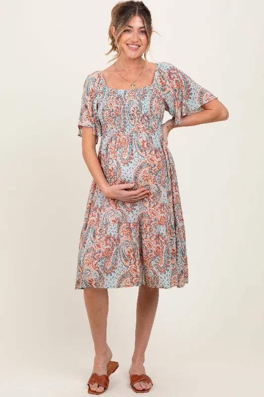 Maternity dress for a baby's first train journey Light Blue Paisley Floral Smocked Maternity Midi Dress