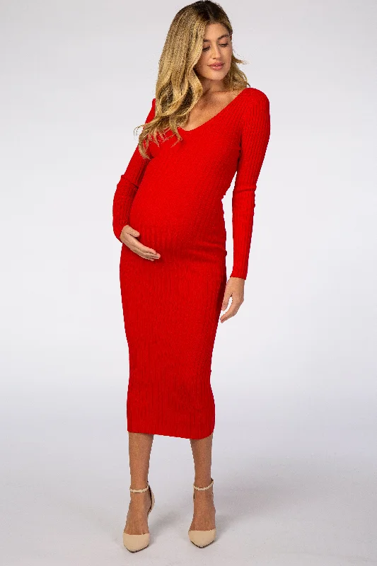Maternity dress for baby shower with floral pattern Red V-Neck Long Sleeve Fitted Maternity Maxi Dress