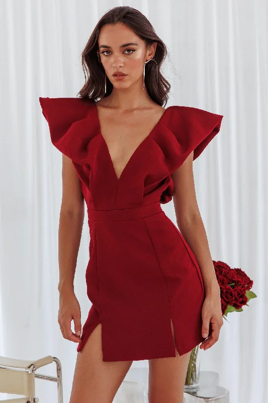 Floral print mini dresses for summer parties Liardon Bubble Sleeve V-Neckline Mini Dress Wine
