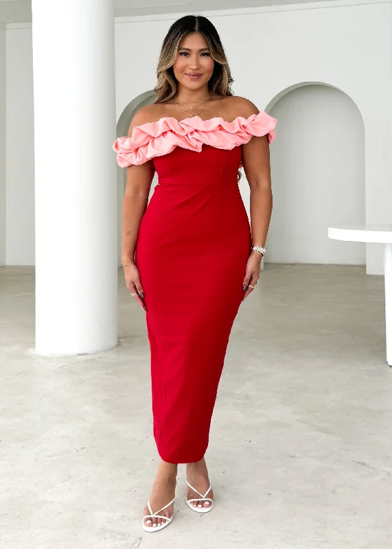 Midi dresses with embroidered accents for a unique and detailed design Ashlynn Off Shoulder Midi Dress - Cherry Splice