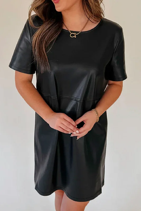 A - line midi dresses with floral prints for spring brunches Faux Leather T-Shirt Dress