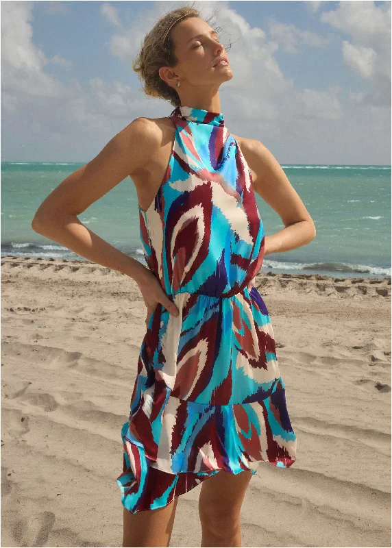 Mini dresses with criss - cross backs for a flirty look Printed Halter Mini Dress - Ikat Flowers