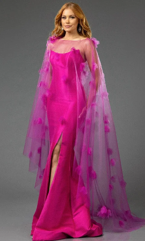 Mermaid silhouette wedding dresses with lace appliques​ Maxi wedding guest dresses with floral prints for summer weddings Terani Couture 251P4397 - Scoop Neck Prom Gown with Sheer Cape