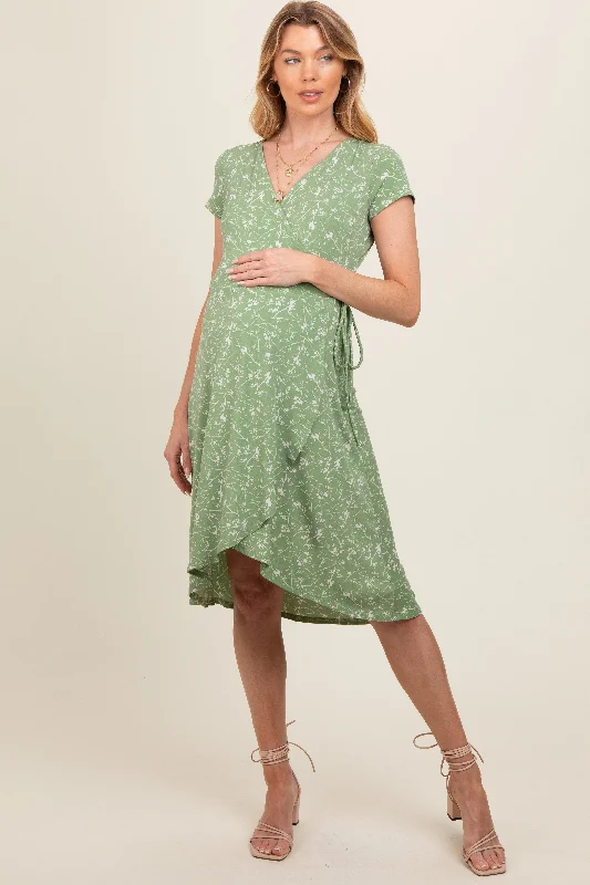 Maternity dress for a baby's first visit to the magic show Green Floral Hi-Lo Maternity Wrap Dress