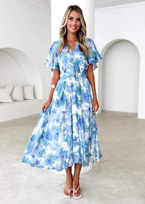 Midi dresses with cold - shoulder cutouts for a trendy style Nakiyah Midi Dress - Blue Floral