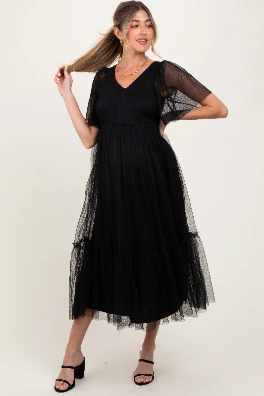 Maternity dress for a baby's first haircut Black Dotted Tulle Smocked Maternity Midi Dress Maternity dress for a baby's first haircut Black Dotted Tulle Smocked Maternity Midi Dress