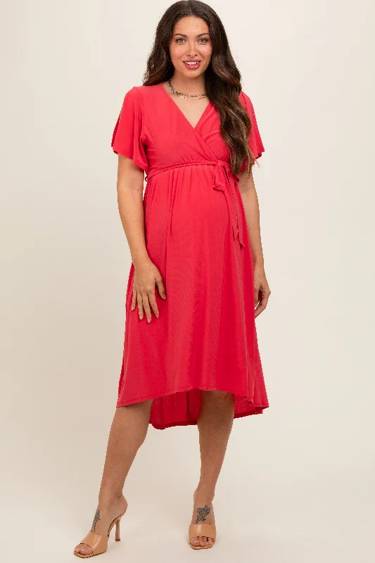 Maternity dress with pockets for convenience Coral Flutter Sleeve Waist Tie Maternity Nursing Dress