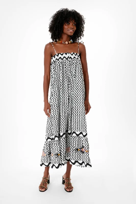 Maxi - inspired midi dresses with flowing fabrics for a beachy vibe Black Ripple Tie Strap Smocked Straight Midi Dress