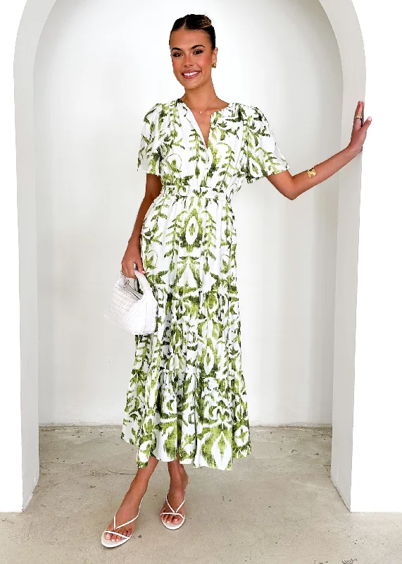 Plaid midi dresses for a fall - themed family gathering Valley Midi Dress - Green Abstract