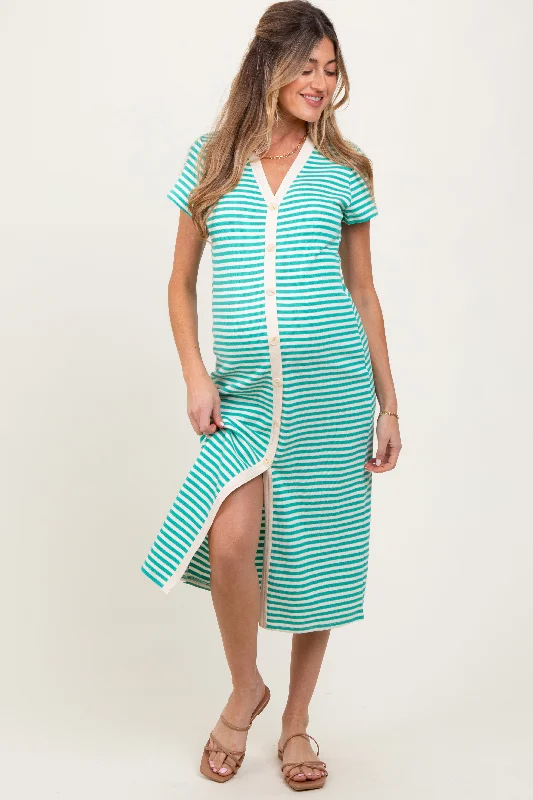 Maternity dress for a baby's first visit to the rock garden Jade Striped Button Down Maternity Midi Dress