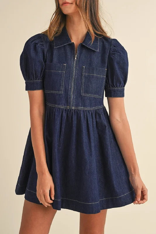 Midi dresses with fringe details for a fun and energetic style Denim Zipped Puff Sleeve Dress