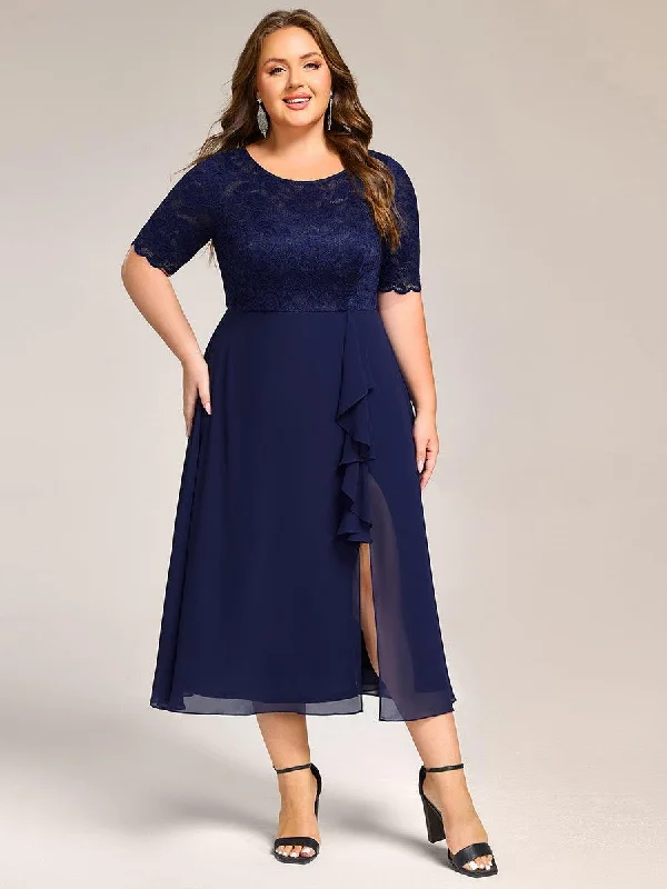 Wedding dresses with a lace - trimmed veil attachment​ Asymmetric - hem wedding guest dresses in metallic hues pretty NYLA|Plus Size Lace Top Short Sleeve A-Line Split Round Neck Formal Dress