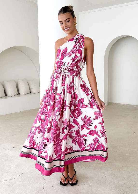 Midi dresses with polka dot prints for a playful summer outfit Korah One Shoulder Midi Dress - Fuchsia Floral