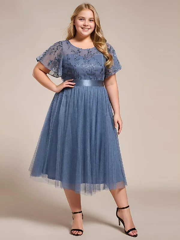 Empire - line wedding dresses with a ruffled skirt​ Wedding guest dresses with pom - pom trims for a playful look pretty MARA|Plus Size Round Neckline Embellished Tulle Midi Junior Bridesmaid Dress