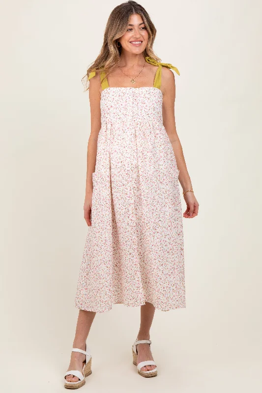 Maternity wrap dress with adjustable belt Cream Floral Shoulder Tie Button Down Maternity Midi Dress