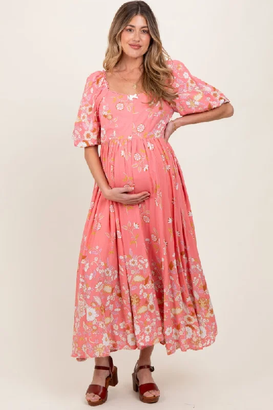 Maternity dress for a baby's first visit to the beach Pink Floral Print Puff Sleeve Maternity Maxi Dress