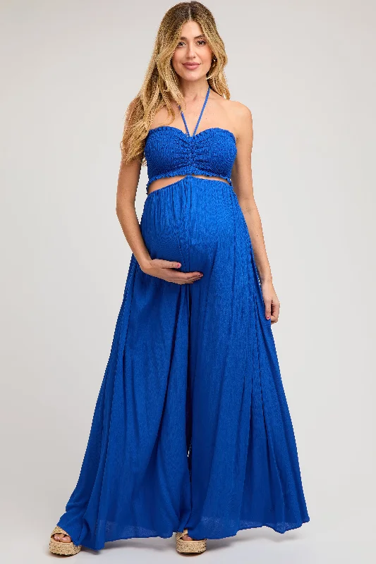 Maternity dress for a baby's first visit to the art gallery Royal Blue Smocked Drawstring Halter Side Cutout Maternity Jumpsuit