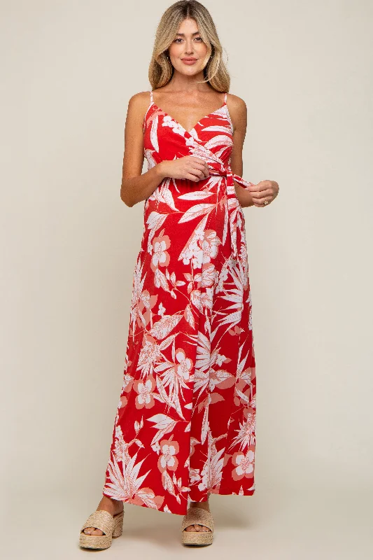 Maternity dress for a city sightseeing trip Red Floral Palm Print Wrap Maternity Maxi Dress