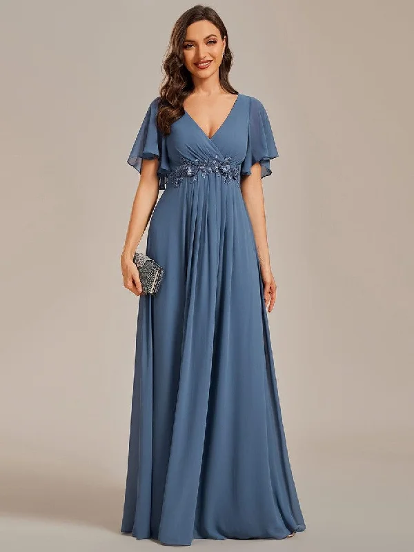 Ballroom - ready wedding dresses with a large skirt​ Lace - and - tulle wedding guest dresses with sweetheart necklines ever IVYROSE|Ruffles Sleeve A-Line Chiffon Waist Applique Maxi Wedding Guest Dress