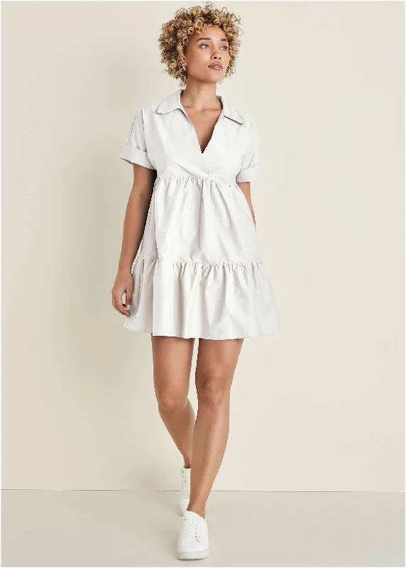 Mini dresses with V - necklines for a flattering shape Cotton Poplin Tiered Dress - Off White