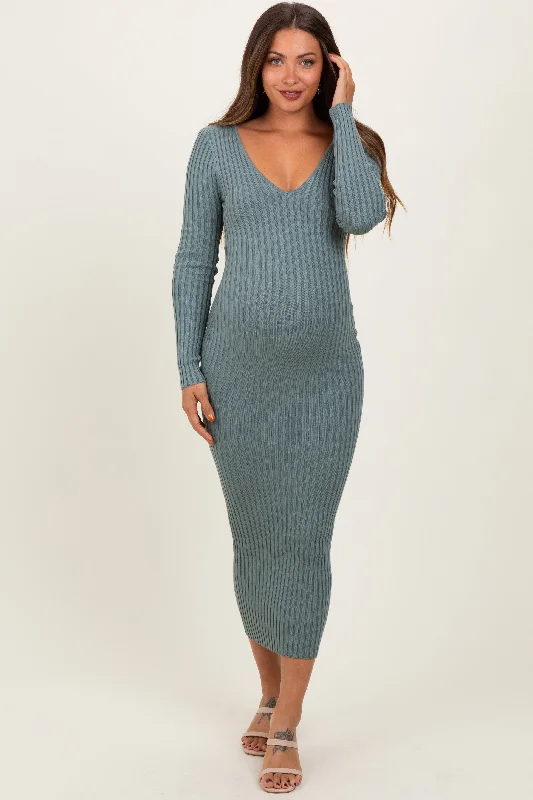 Maternity dress for a baby's first visit to the puppet show Jade V-Neck Long Sleeve Fitted Maternity Maxi Dress