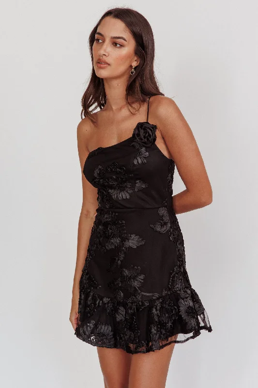 Printed mini dresses for a casual day out Lilah One-Shoulder Embellished Rosette Dress Black